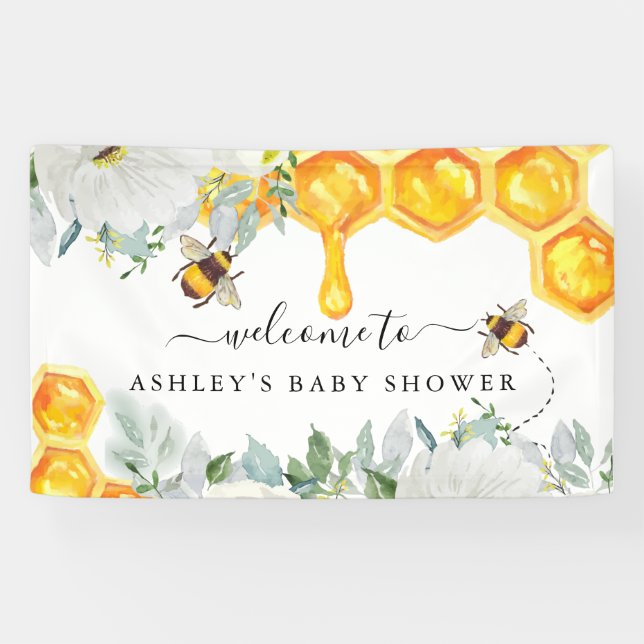 Lona Floral Honeycomb Bumble Bee | Banner de Baby Showe (Horizontal)