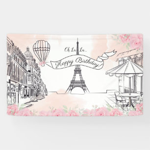 Lona Floral Paris backdrop Happy Birthday banner