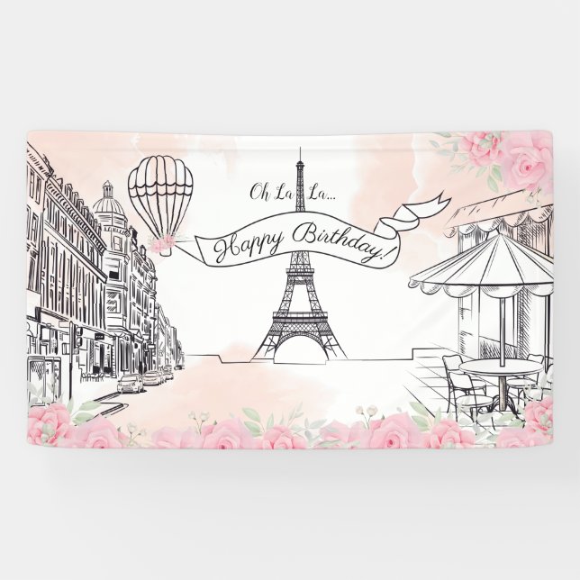 Lona Floral Paris backdrop Happy Birthday banner (Horizontal)