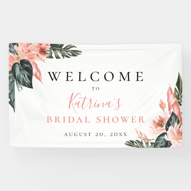 Lona Floral rosa de coral tropical moderna (Horizontal)