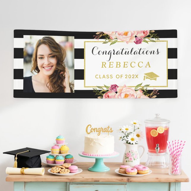 Lona Floral Stripes Glam Congrats Graduación Foto (Subido por el creador)