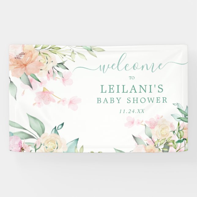 Lona Floral Watercolor Pastel Wreath Oh Bienvenida Bebé (Horizontal)