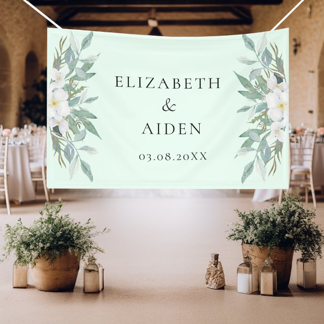 Lona Floral  Wedding  Banner (Beautiful, botanical, greenery & elegant, white flower, banner with your name and date.)