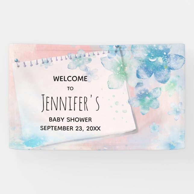 Lona Flores azules de bonito en Baby Shower de fondo ro (Horizontal)