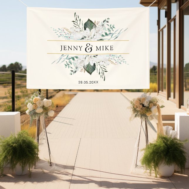 Lona Flores blancas simples y elegantes (Simpel, elegant, greenery, white flowers, beige, wedding banner.)