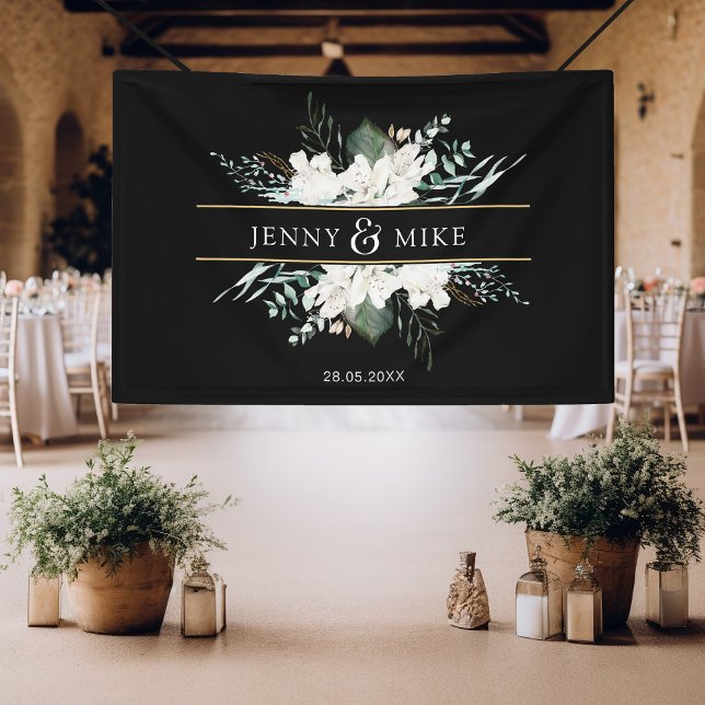 Lona Flores blancas simples y elegantes (Simpel, elegant, greenery, white flowers, black, wedding banner.)