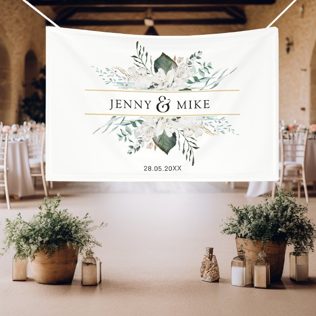 Lona Flores blancas simples y elegantes (Simpel, elegant, greenery, white flowers, white, wedding banner.)