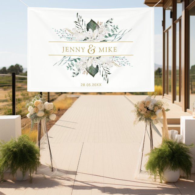 Lona Flores blancas simples y elegantes (Simpel, elegant, greenery, white flowers, white, wedding banner.)