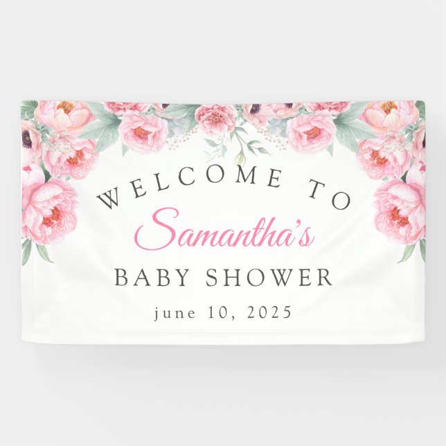 Lona Flores de acuarela rosa, Baby Shower, Bienvenidos (Horizontal)
