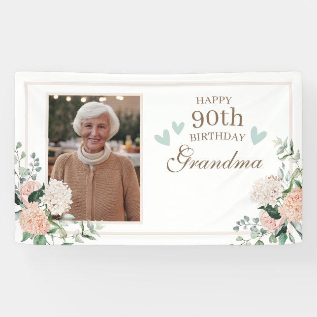 Lona Flores de acuarela Una foto 90 cumpleaños (Horizontal)