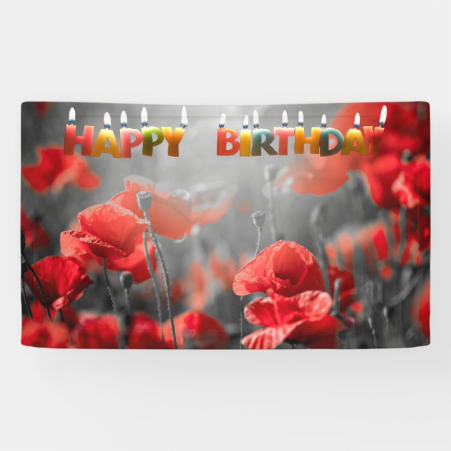 Lona Flores de amapola roja y velas de cumpleaños felic (Horizontal)