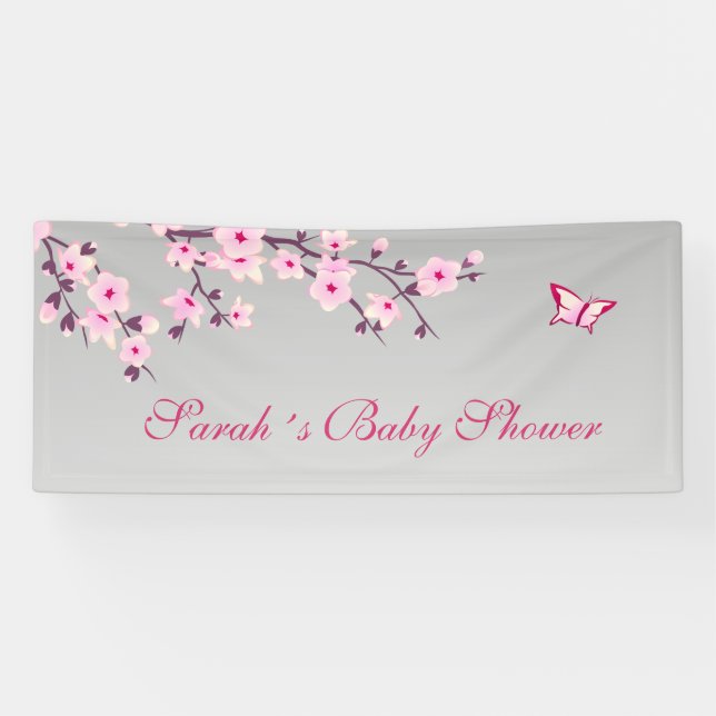 Lona Flores de cerezo Personalizado gris rosado Baby Sh (Horizontal)