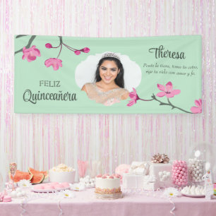 Lona Flores de cerezo rosa, foto de Quinceneará verde d