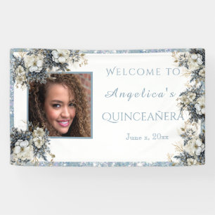 Lona Flores de color de agua Quinceanera Blue Purpurina