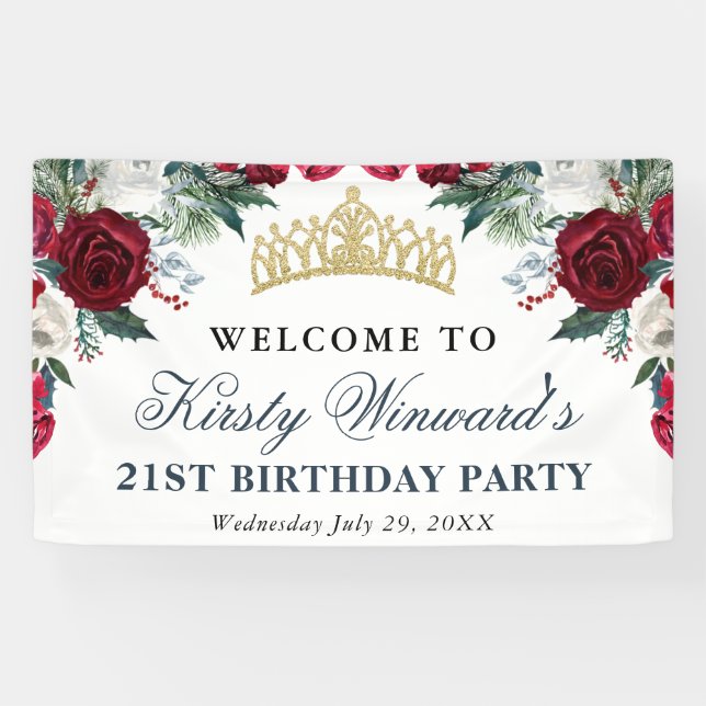 Lona Flores de Cumpleaños de Invierno Rojas y Blancas (Horizontal)