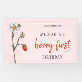 Lona Flores de fresa únicas Berry Primer cumpleaños