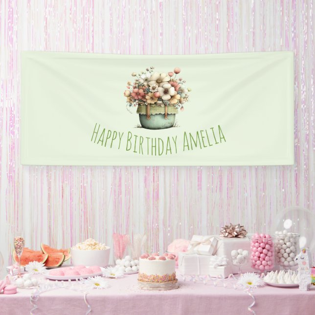 Lona Flores en Maceta Cumpleaños Acogedor Shabby Cute (Fiesta)