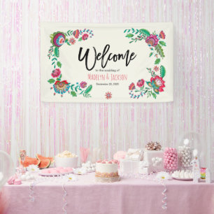 Lona Flores folclóricas brillantes turquesa y naranja a