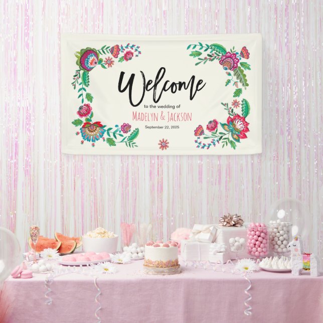 Lona Flores folclóricas brillantes turquesa y naranja a (Fiesta)