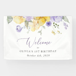 Lona Flores moradas, flores amarillas, bienvenida de cu