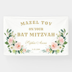 Lona Flores rosa crema Cartel de bienvenida de Bat Mitz