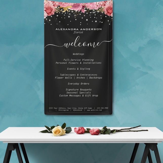Lona Flores rosadas botánicas Salón negro Purpurina de  (Botanical Pink Flowers Diamond Glitter Black Salon Banner)
