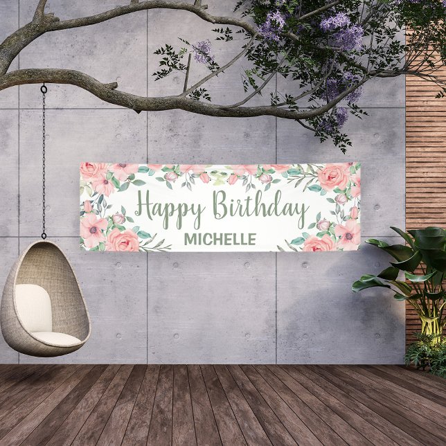 Lona Flores rosadas sonrojadas lindas Feliz Cumpleaños  (Pink floral custom outdoor birthday banner. Personalize with your own text.)