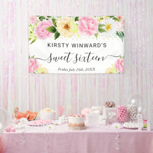 Lona Flores rosadas y amarillas Bienvenida Sweet 16