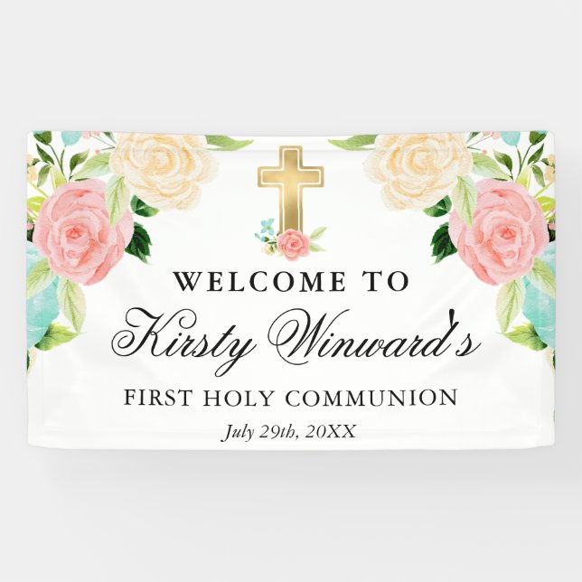 Lona Flores rosas y de menta primera comunión sagrada (Horizontal)