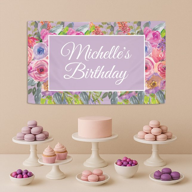 Lona Flores salvajes rosadas púrpura nombre guión cumpl (Elegant script purple and pink floral birthday banner)