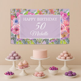 Lona Flores salvajes rosadas púrpuras Feliz cumpleaños 
