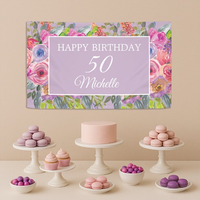 Lona Flores salvajes rosadas púrpuras Feliz cumpleaños  (Elegant purple and pink watercolor floral 50th birthday party banner)