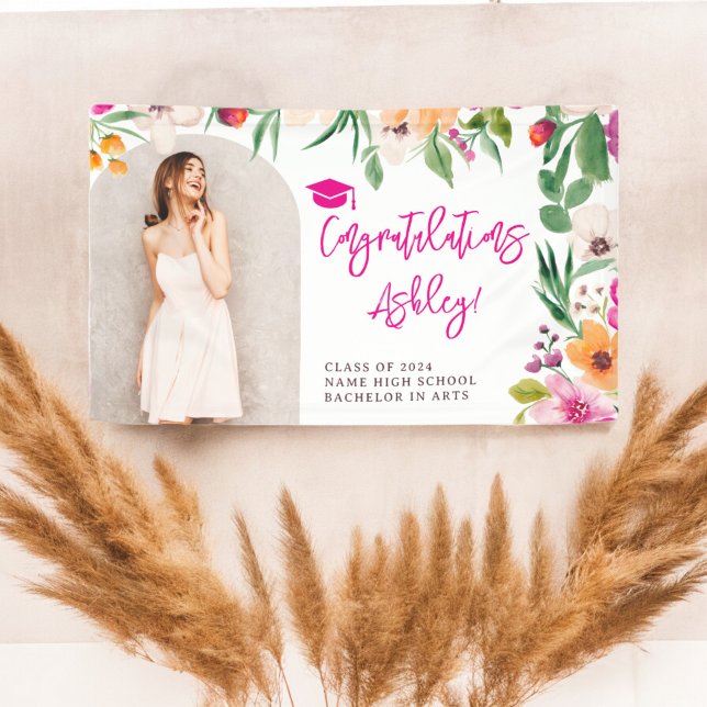 Lona Flores silvestres brillantes felicitaciones rosada (Bright wildflowers pink floral graduation congrats banner)