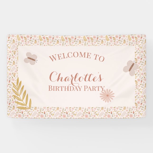 Lona Flores silvestres rosadas de Gingham Butterfly (Horizontal)