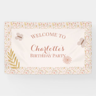 Lona Flores silvestres rosadas pasteles con mariposas