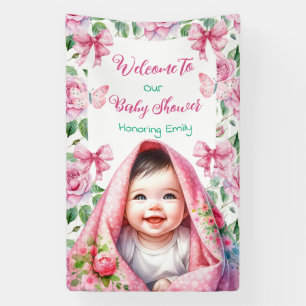 Lona Flores y mariposas Bienvenidos a Baby Shower rosa
