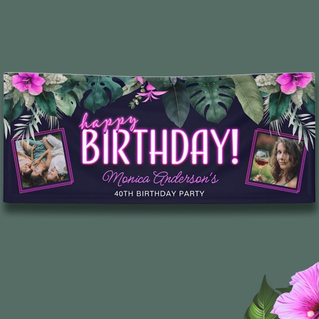 Lona Foliage Tropical Rosa Neon Feliz cumpleaños foto (Tropical Foliage Pink Neon Happy Birthday Photo Banner)