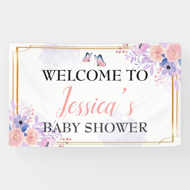 Lona Fondo Baby Shower Chica morado rosado mariposa (Horizontal)