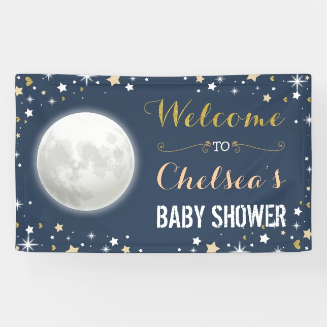 Lona  Fondo Baby Shower de la Luna de Oro de la Marina  (Horizontal)