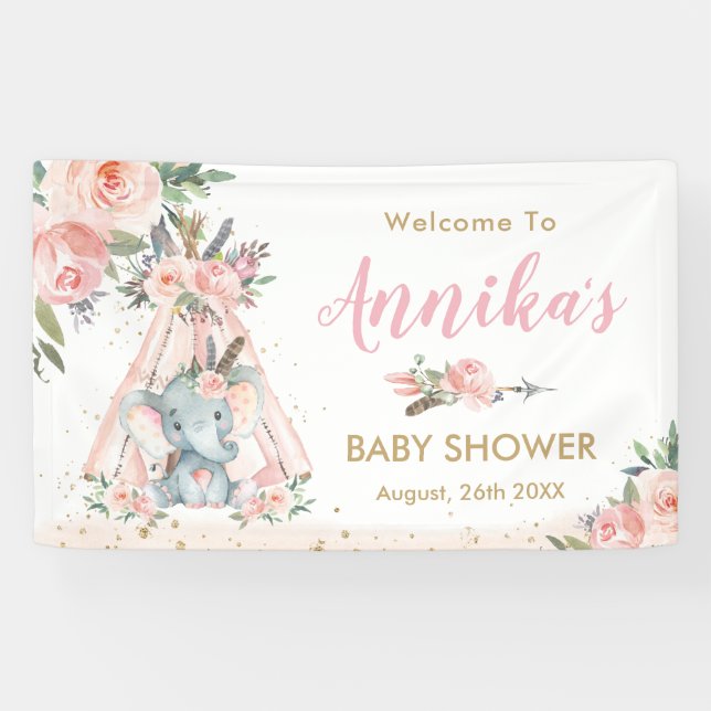 Lona Fondo de Baby Shower con flores rosadas para elefa (Horizontal)