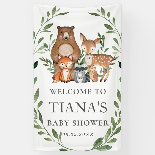 Lona Fondo de Baby Shower de Greenery Woodland Animals (Vertical)