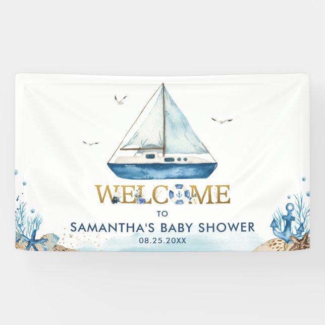 Lona Fondo de bienvenida Baby Shower Nautical Boat Boy (Horizontal)