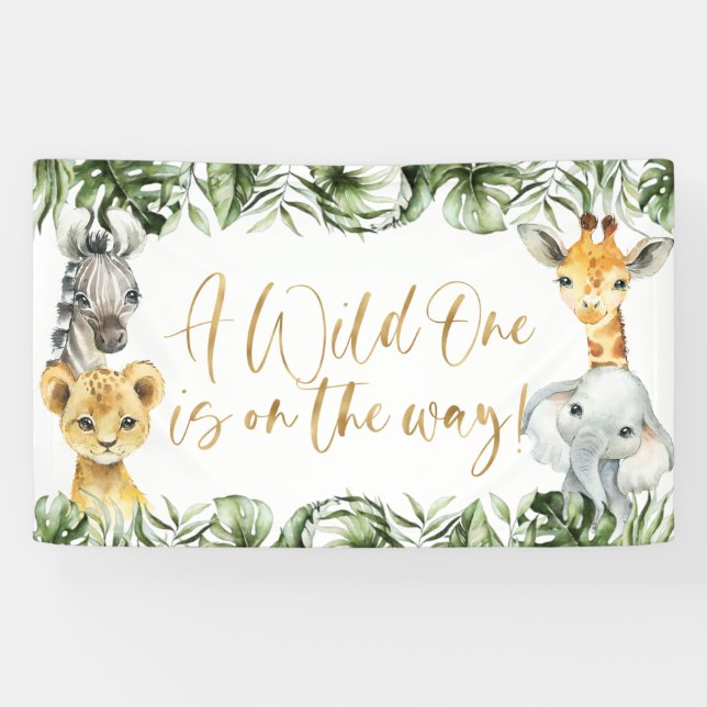 Lona Fondo de cumpleaños número uno de Jungle Safari Wi (Horizontal)