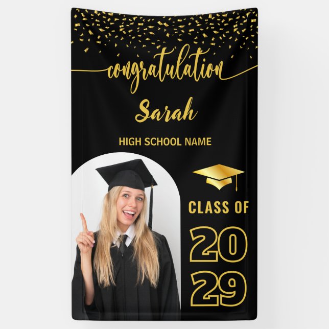 Lona Fondo de graduación de Personalizado negro y dorad (Vertical)