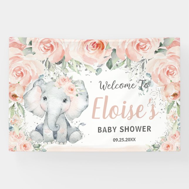 Lona Fondo Rubor Floral Cute Elephant Baby Shower (Horizontal)