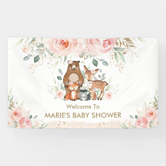 Lona Fondo Rubor Floral Woodland Animal Baby Shower (Horizontal)