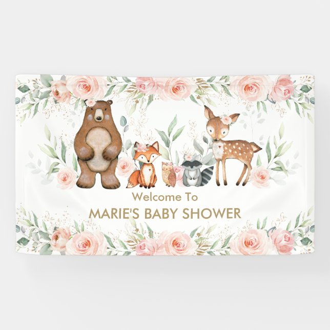 Lona Fondo Rubor Floral Woodland Animal Baby Shower (Horizontal)