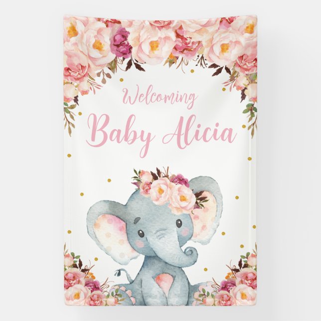 Lona Fondo Rubor Peach Floral Elephant Baby Shower (Vertical)