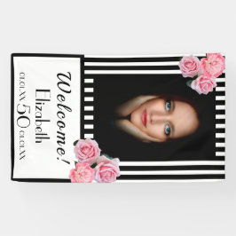 Lona Foto 50 cumpleaños estriberas blancas negras flora