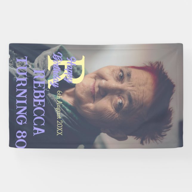 Lona Foto 80 cumpleaños agregar nombre fecha púrpura mo (Horizontal)